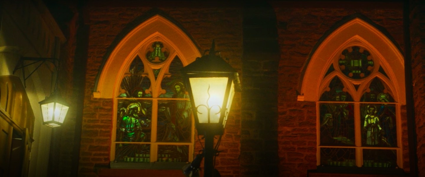 Stained glass windows at a church in &quot;What We Do in the Shadows&quot;