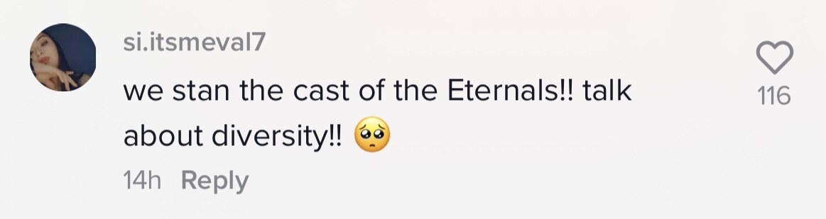 A comment saying, &quot;We stan the cast of the eternals. Talk about diversity!&quot;