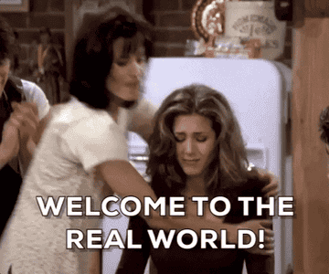 GIF woman hugging another woman saying welcome to the real world it sucks you&#x27;re gonna love it