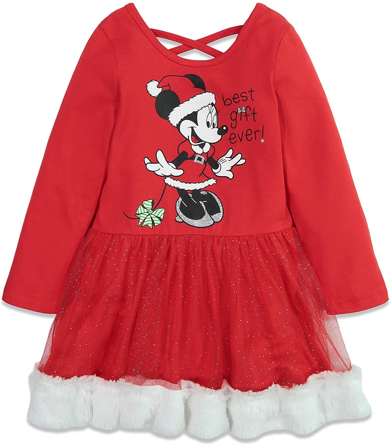 a red dress with minnie mouse on it, a sparkly tulle skirt, and white faux fur trim
