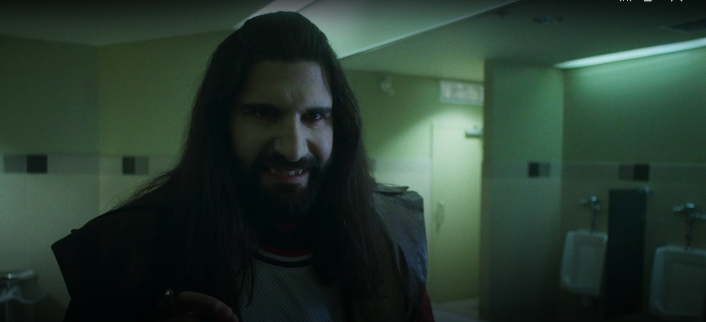 Nandor looking at the camera in a bathroom in &quot;What We Do in the Shadows&quot;