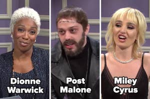Impressions of Dionne Warwick, Post Malone, and Miley Cyrus on SNL