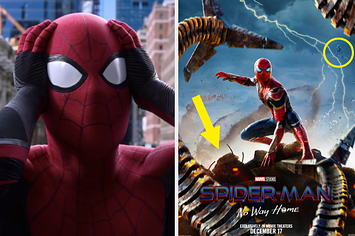 Spider-Man looking shocked side by side with the new Spider-Man No Way Home Poster