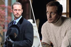 Alexander Skarsgård in "Passing" on the left and on the right in movie "The Aftermath"