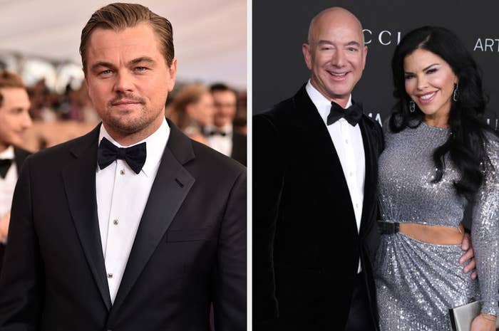 Leo at a red carpet event on the left and Jeff Bezos with Lauren on the right