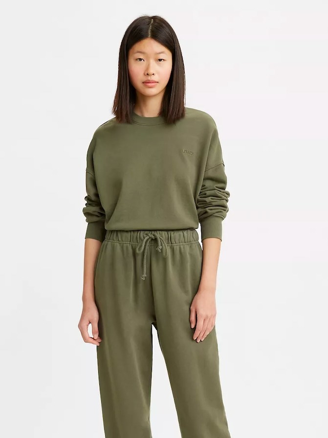 Model wearing sweatshirt and sweatpants in color &quot;Sea turtle garment dye - green&quot;