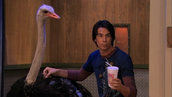 A man holding a smoothie with an ostrich beside him.
