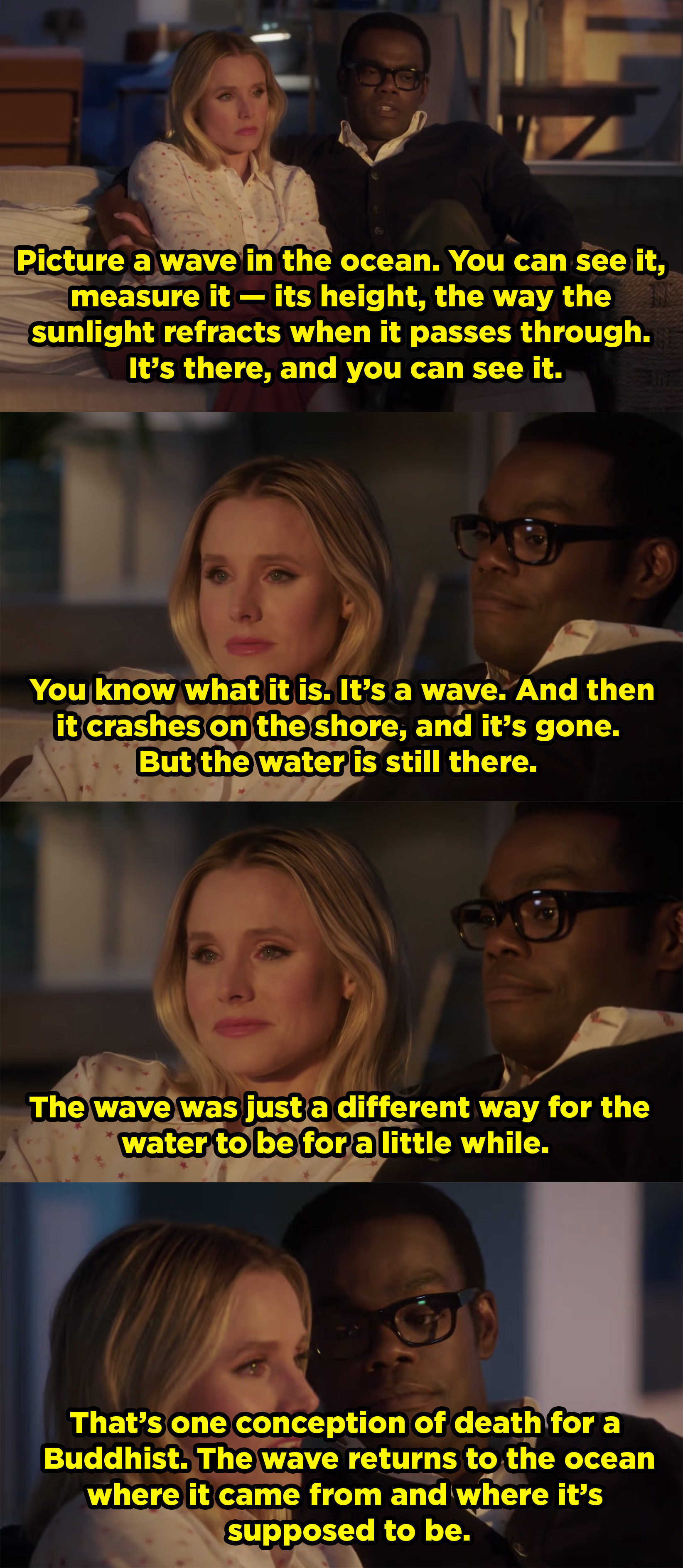 Chidi tells Eleanor about how a wave is only a wave for a little while, but its always water and once the wave crashes it goes back to the ocean, where it&#x27;s supposed to be. He relates that to the Buddhist conception of death