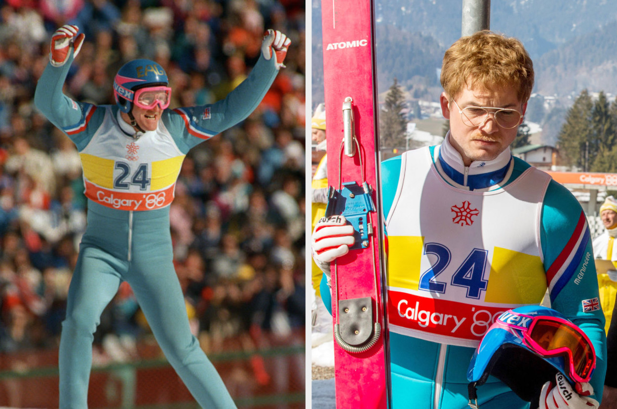 the real Eddie the Eagle competing, with Taron Egerton as him alongside