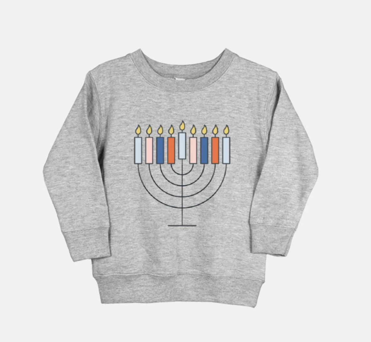 a grey sweatshirt with a menorah on it