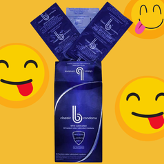 Blue box of condoms with two packages sticking out