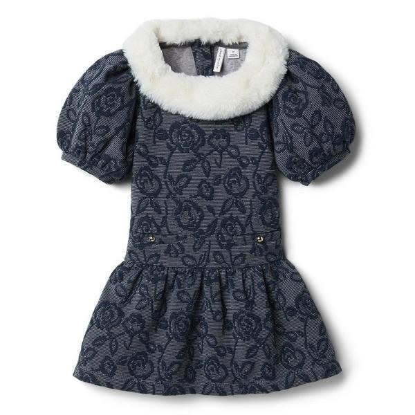 a blue jacquard dress with a floral design on a faux fur collar
