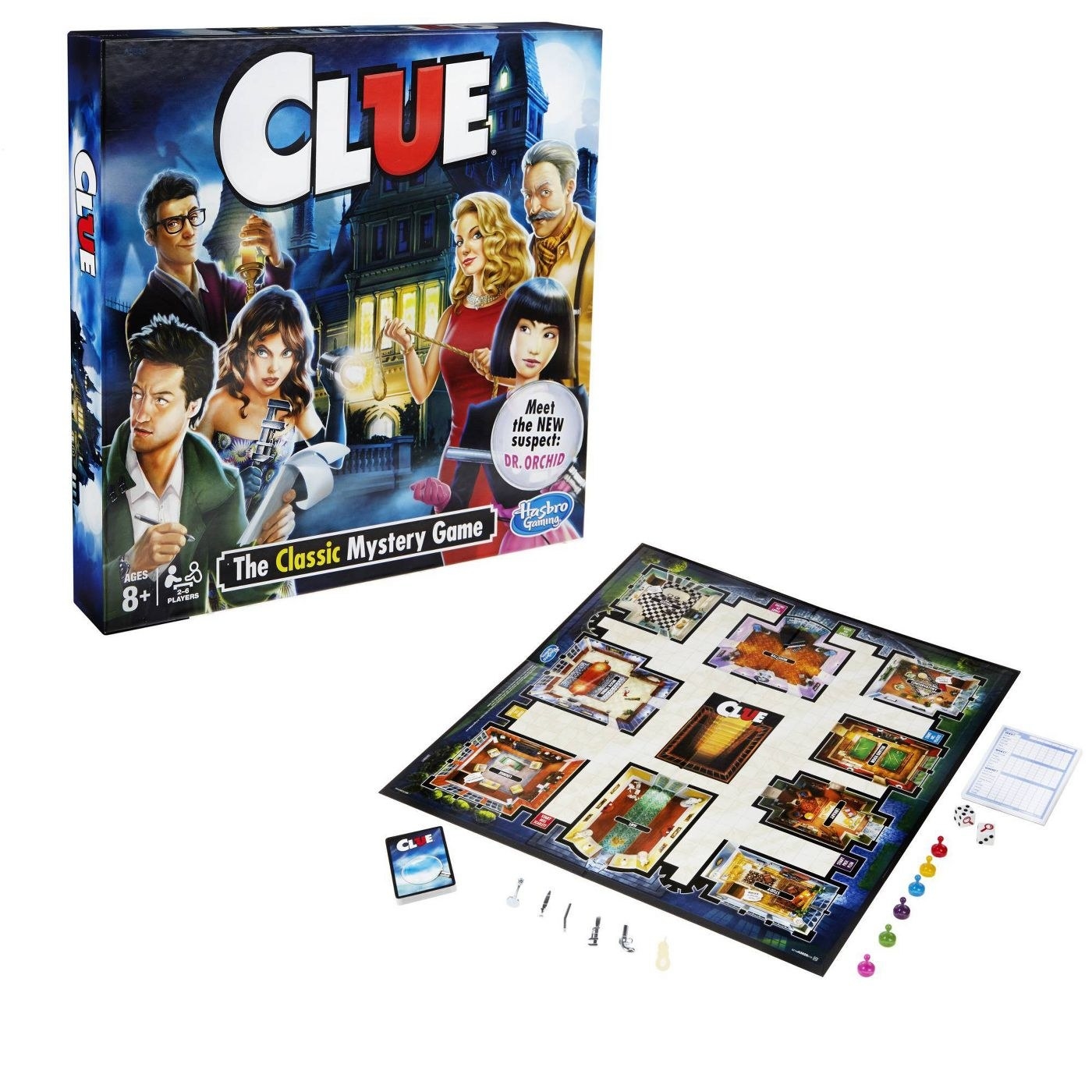 the blue box and game board with drawings of the rooms