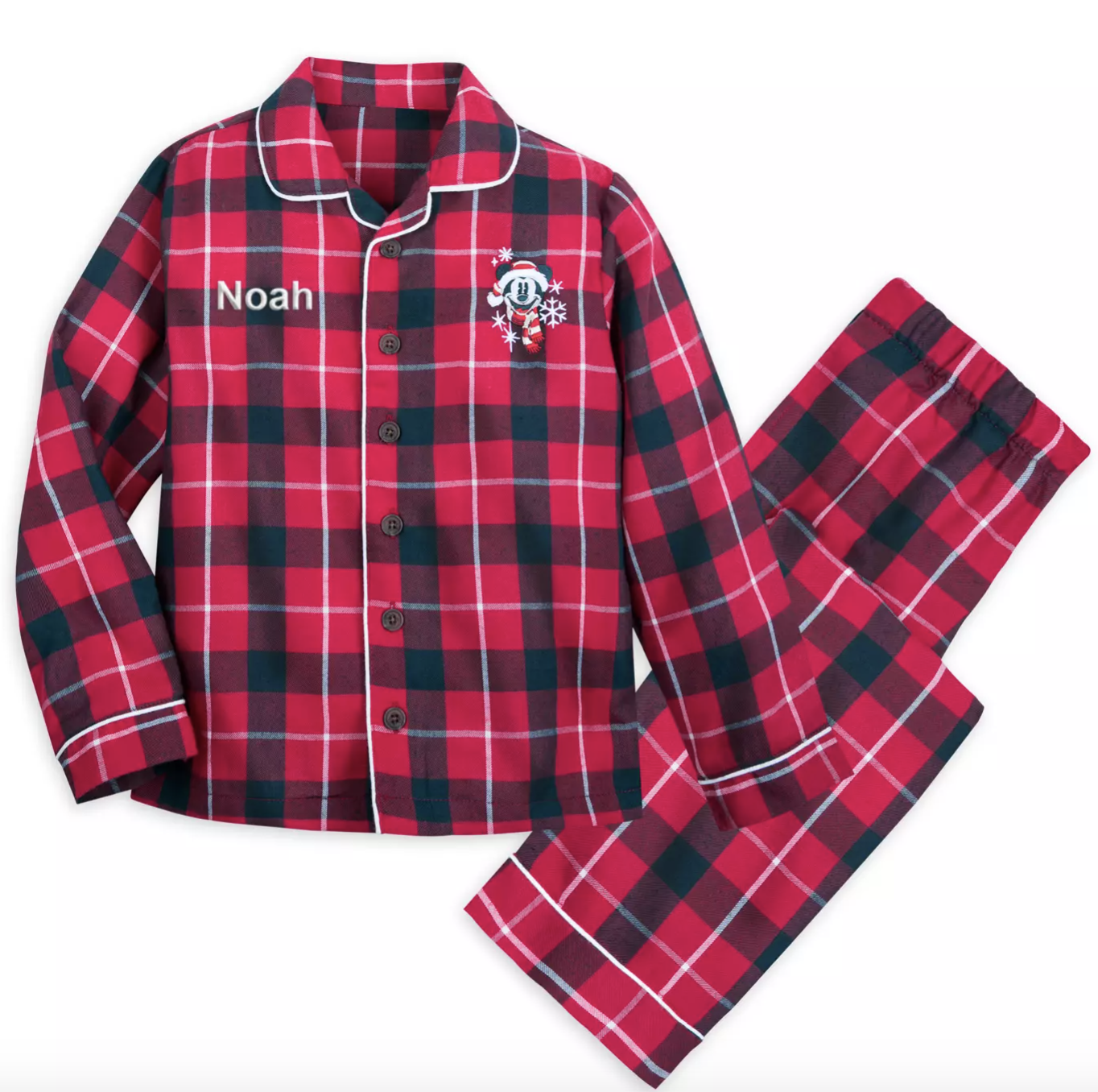 red and black flannel pajamas that say &quot;noah&quot; on one corner and have mickey on the other