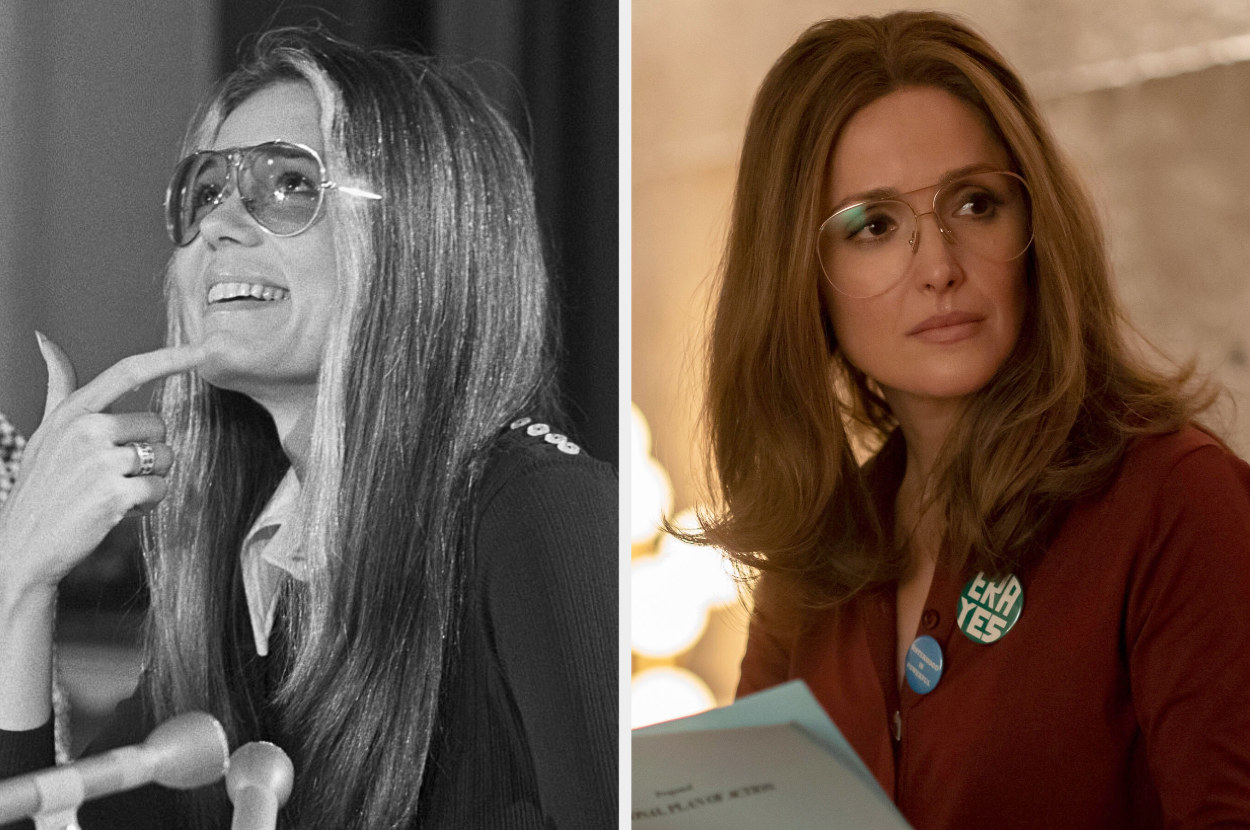the real Gloria Steinem alongside Rose Byrne playing her