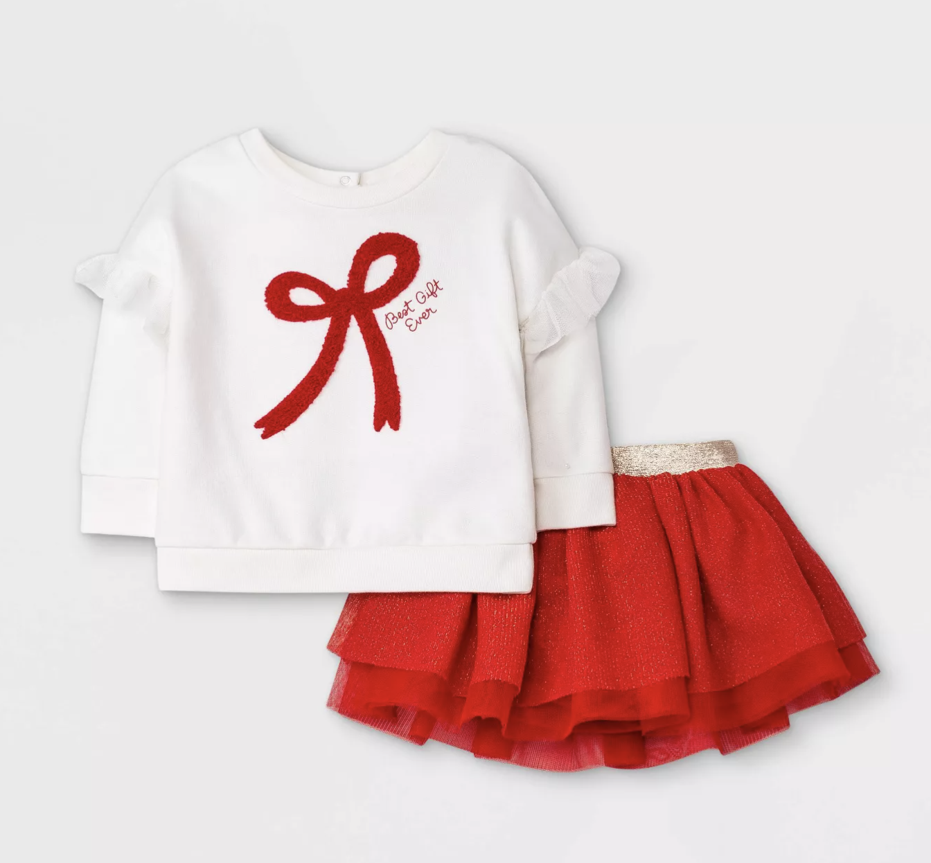 a white long sleeve with a red bow on it and a red tulle skirt