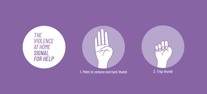 Um diagrama roxo mostra uma descrição de duas etapas de como realizar o sinal de mão