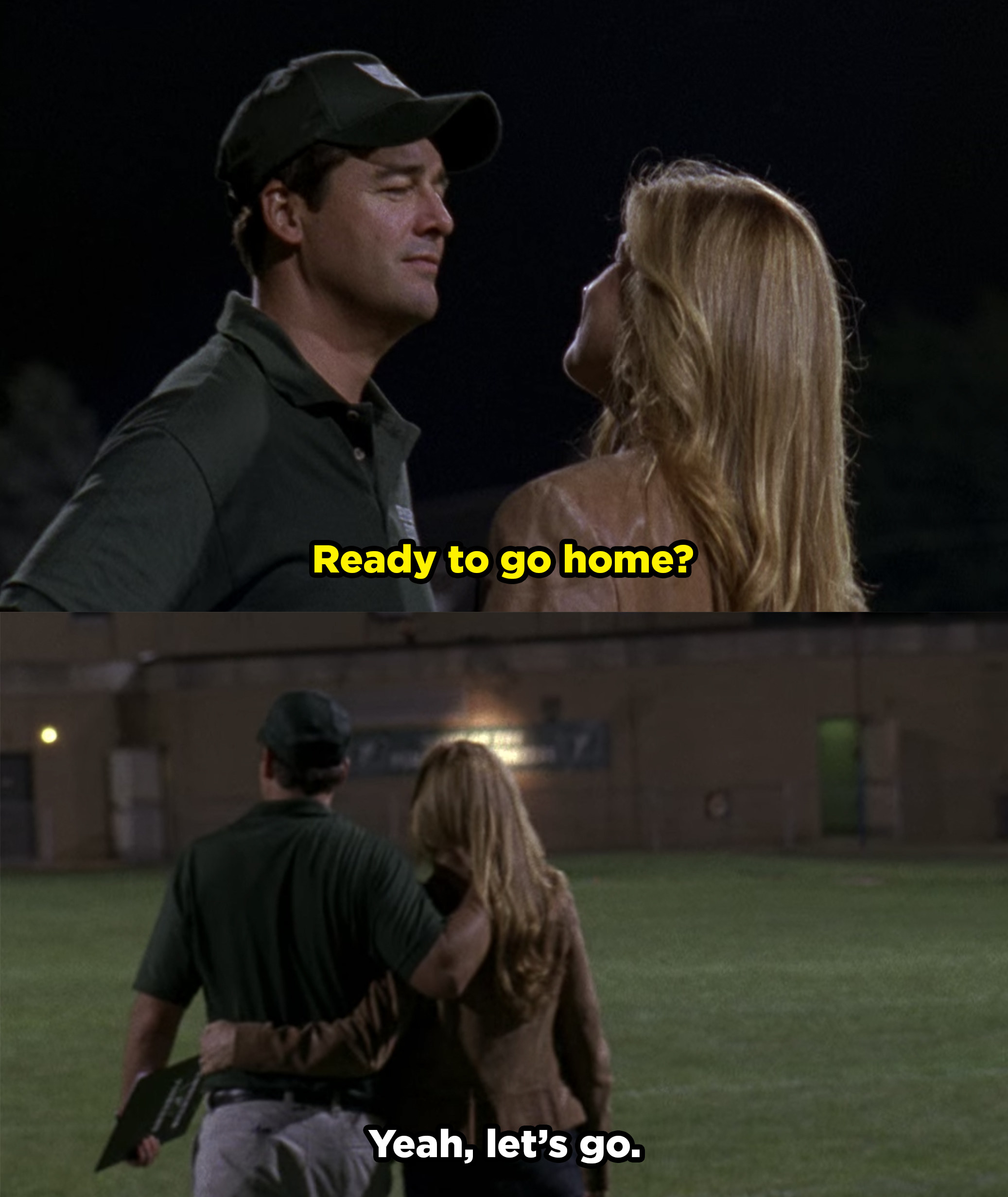 Tammy asks Eric if he&#x27;s ready to go and they walk off the field with their arms around each other.
