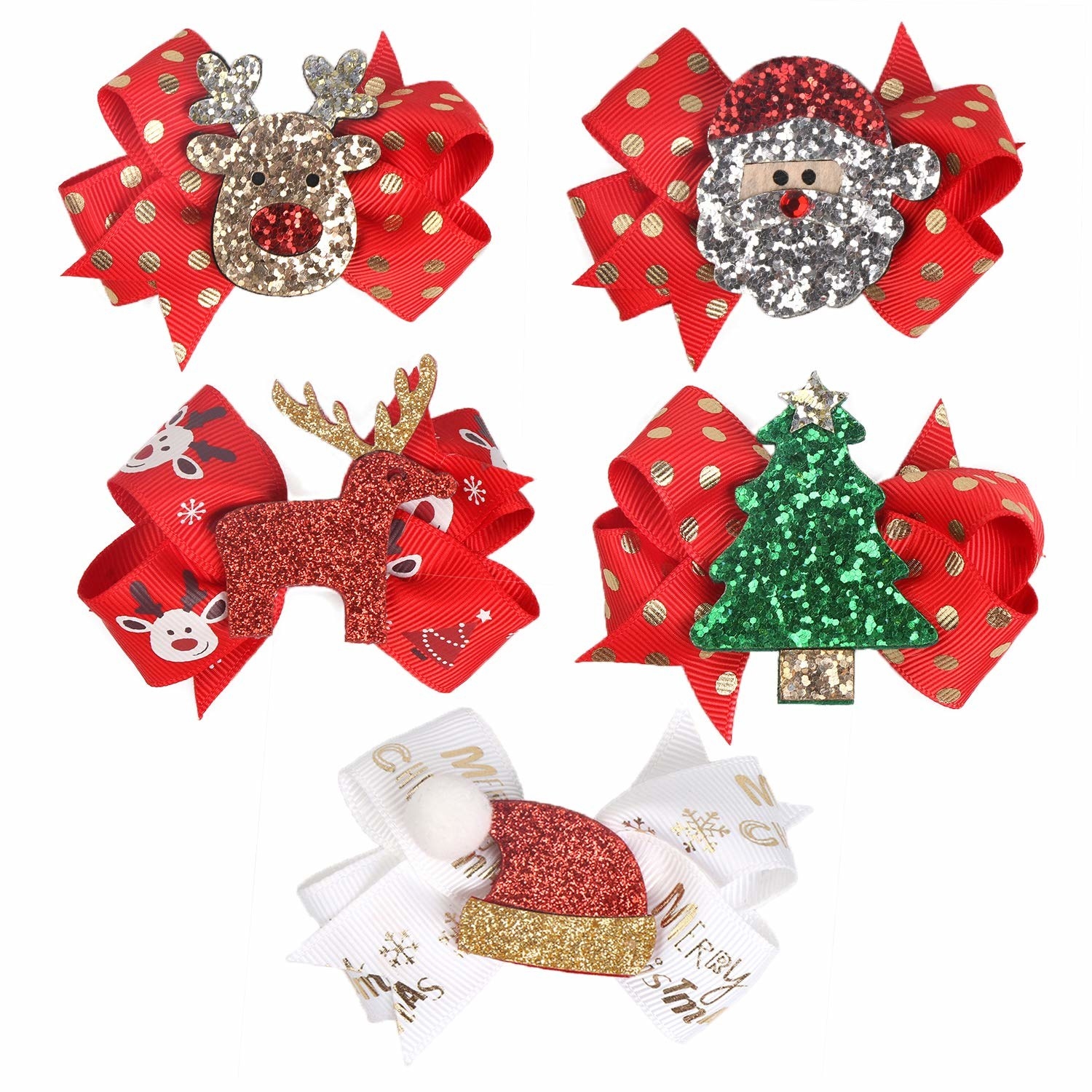 a set of five hair bows with sparkly holiday icons in the middle of each