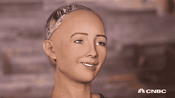 Robot lady fake-smiling