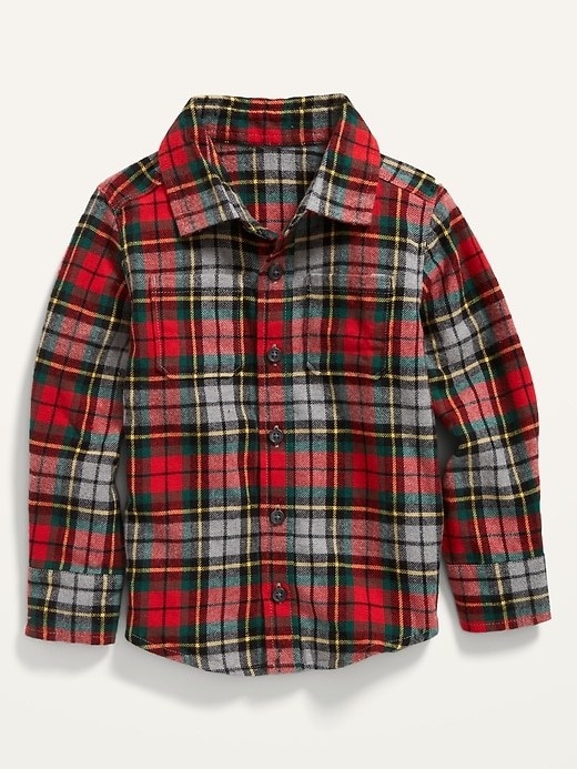 a child-sized flannel in red, green, and yellow