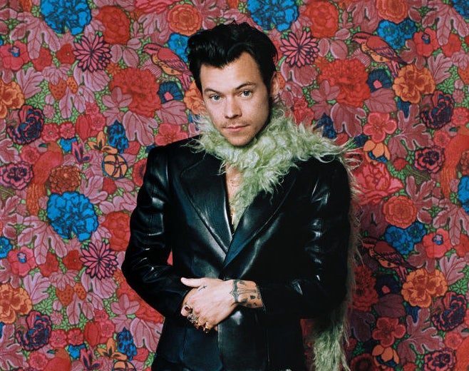 Harry Styles posing for a photo and looking fabulous in a leather jacket and fur scarf