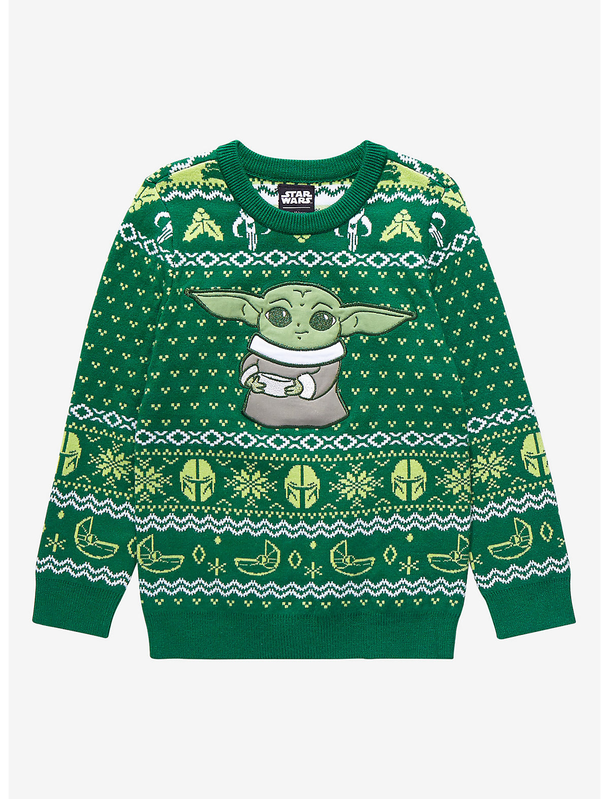 a green holiday sweater with baby yoda on it