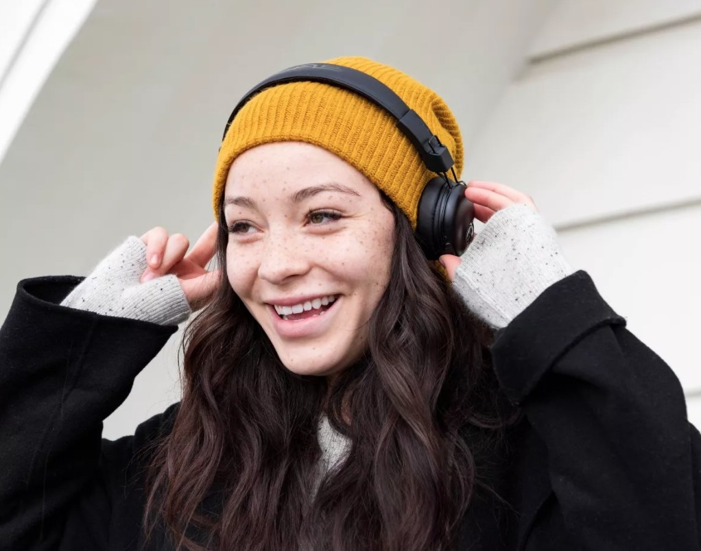 a model with headphones on