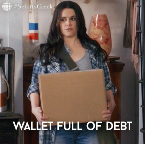 Emily Hampshire on &quot;Schitt&#x27;s Creek&quot; saying &quot;Wallet full of debt&quot;