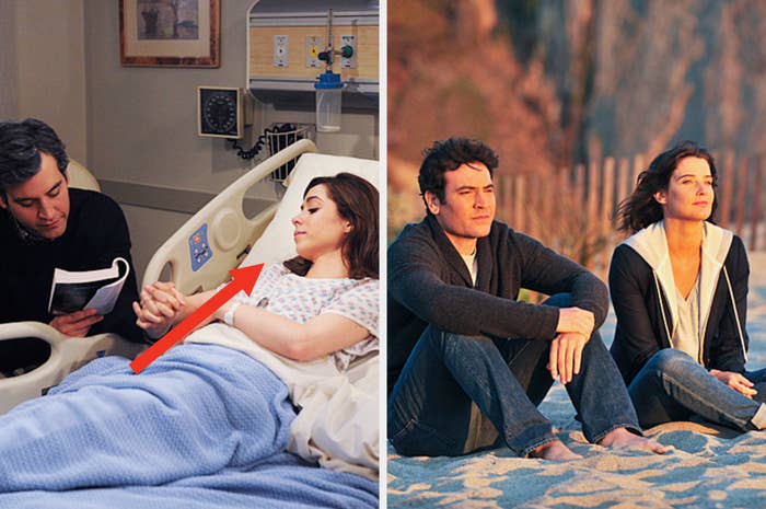 Ted reading to the mother in the hospital and then Ted on the beach with Robin