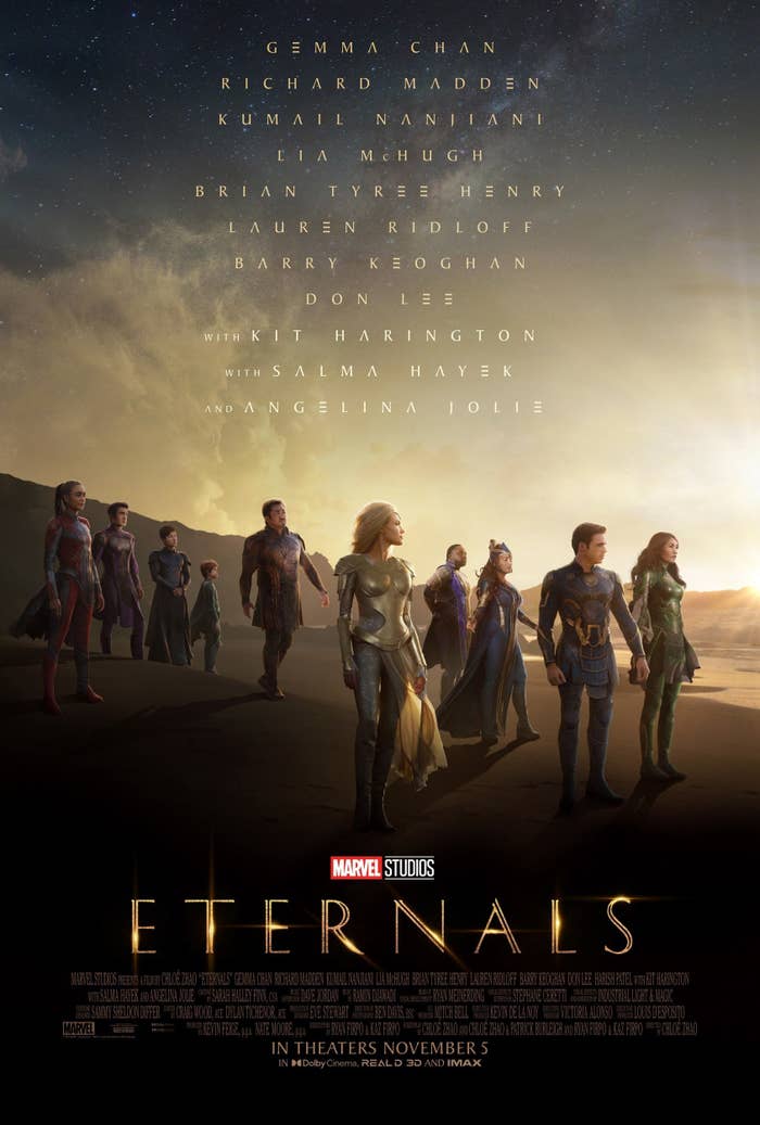 Promotional poster for Eternals featuring the superheroes standing on a beach