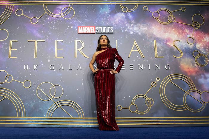 Salma at the UK premiere of Eternals in a one-shoulder floor-length dress