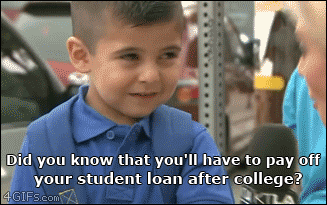 Meme of child crying. Caption of &quot;Did you know that you&#x27;ll have to pay off your student loan after college?&quot;