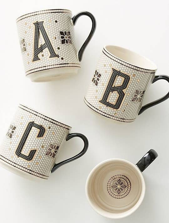 black and white tiled monogram mugs with "A", B", and "C" on them