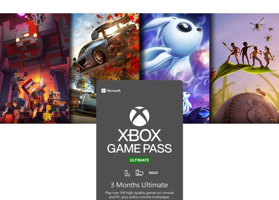 an image of four different video game scenes, with the gray Xbox Game Pass card sitting in front of them,