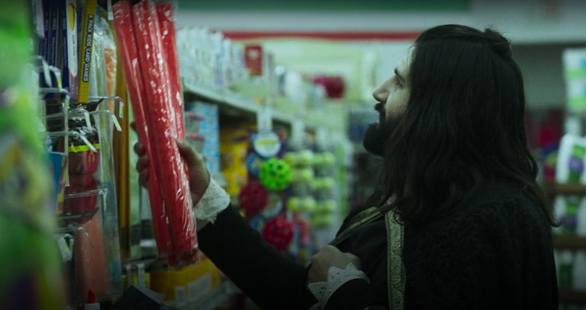 Nandor at a supermarket, picking up crepe paper, in &quot;What We Do in the Shadows&quot;