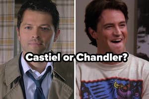 Castiel wears a button up shirt with a tie under a trench coat and a close up of Chandler Bing as he smiles 