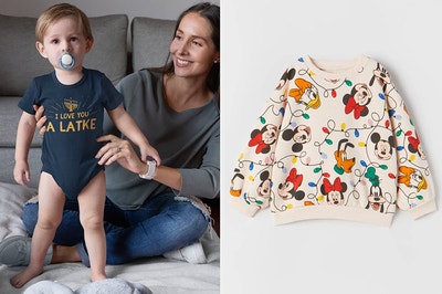 to the left: a baby in hanukkah onesie, to the right: a disney holiday sweatshirt