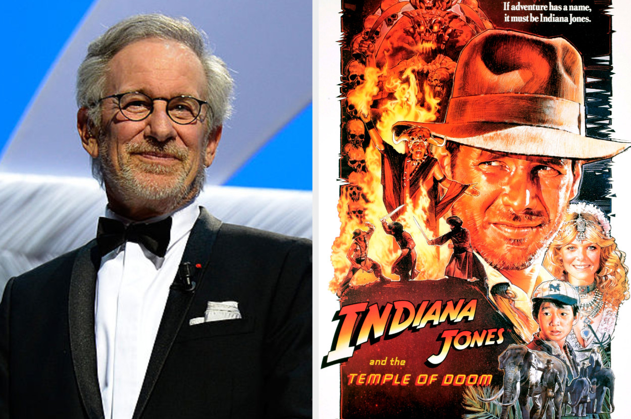 Steven Spielberg next to the poster for &quot;Indiana Jones and the Temple of Doom&quot;