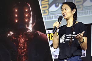 Chloe Zhao, director of Eternals, speaking on stage at Comic Con