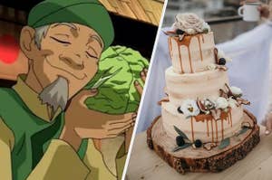 Cabbage Man holds a head of cabbage in the show "Avatar: The Last Airbender" and a three tier caramel wedding cake
