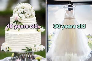 On the left, a two-tier wedding cake topped with roses labeled 18 years old, and on the right, a wedding dress hanging in front of a window labeled 30 years old