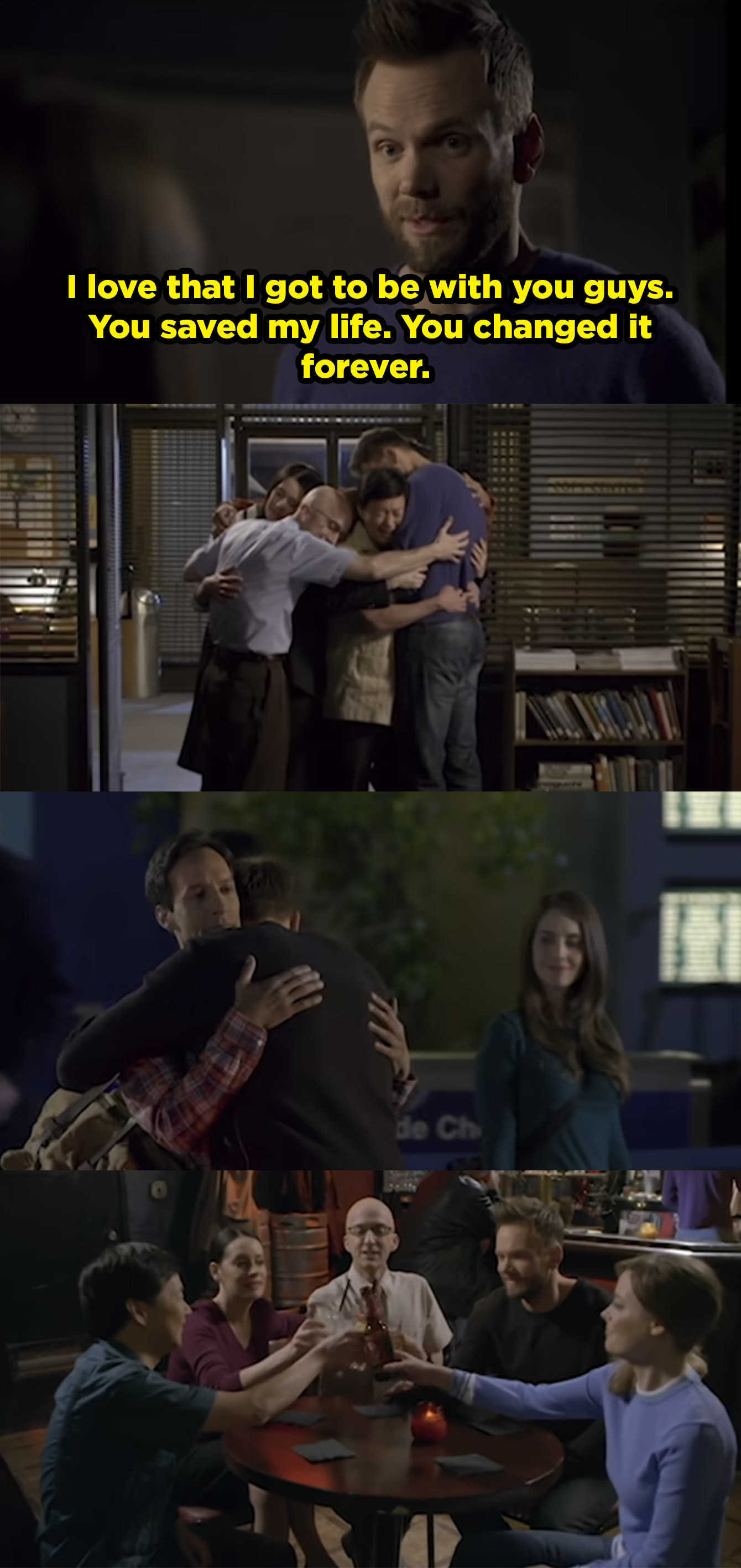 Jeff tells the study group that he&#x27;s so happy to have met them and they saved his life and changed him. Then he sends off Abed and Annie at the airport and sits down for drinks with Brita, Chang, Frankie, and Dean.