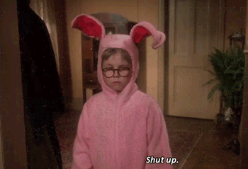Ralphie from a Christmas Story in a bunny costume saying &quot;shut up&quot;