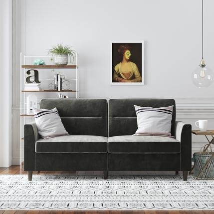 the grey velvet sofa in a living room