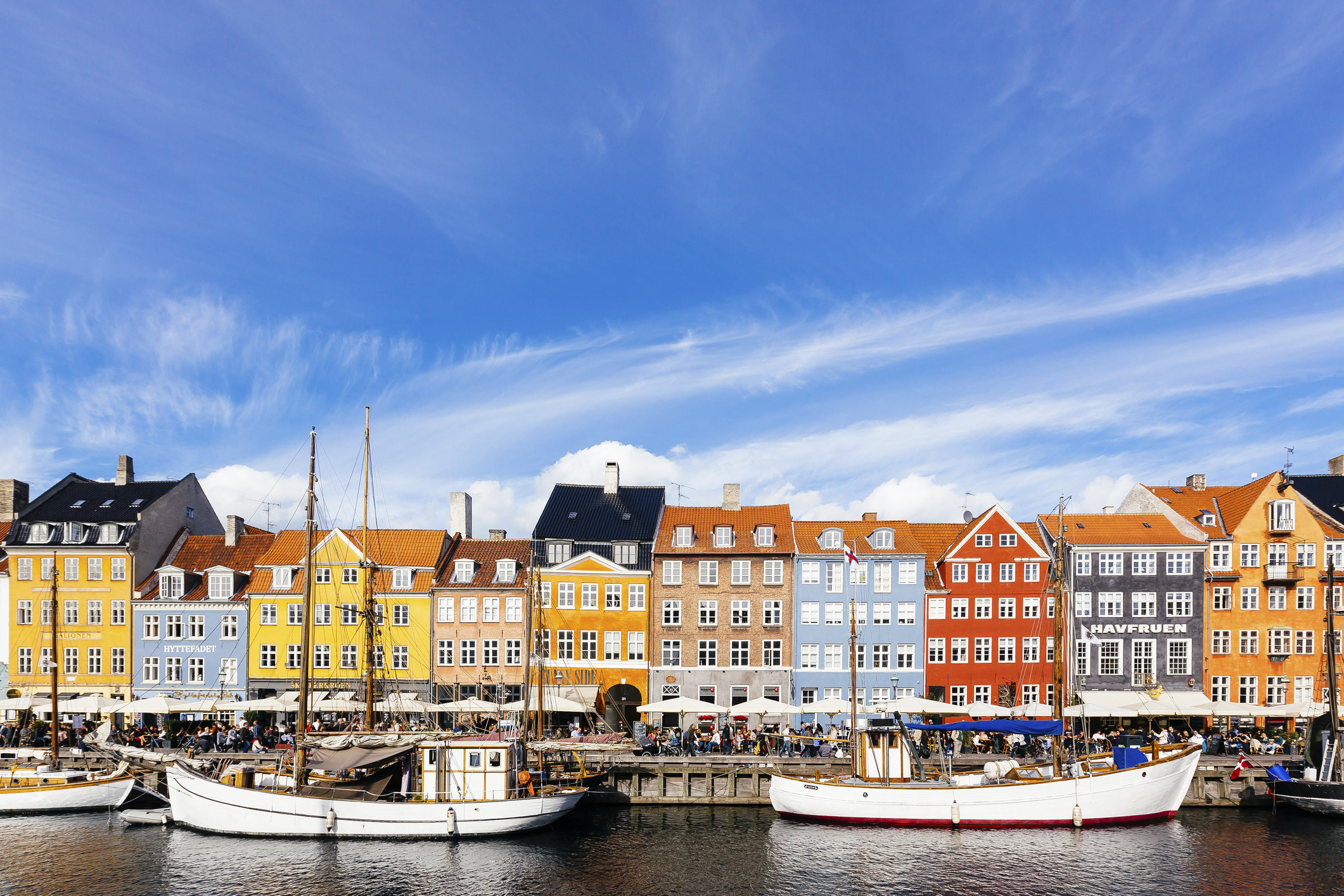 Colorful vibrant houses at Nyhavn harbor in Copenhagen.