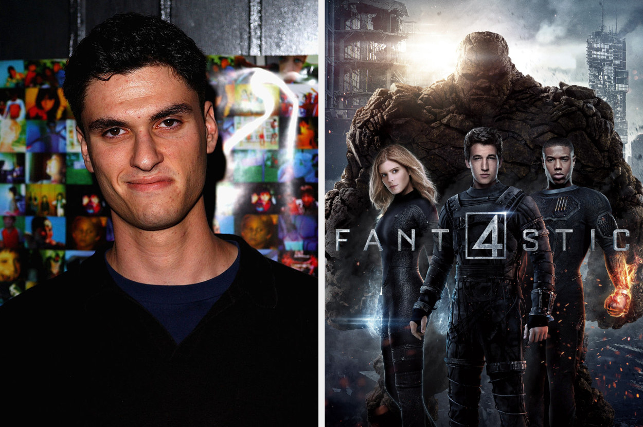 Josh Trank next to the poster for &quot;Fantastic Four&quot;
