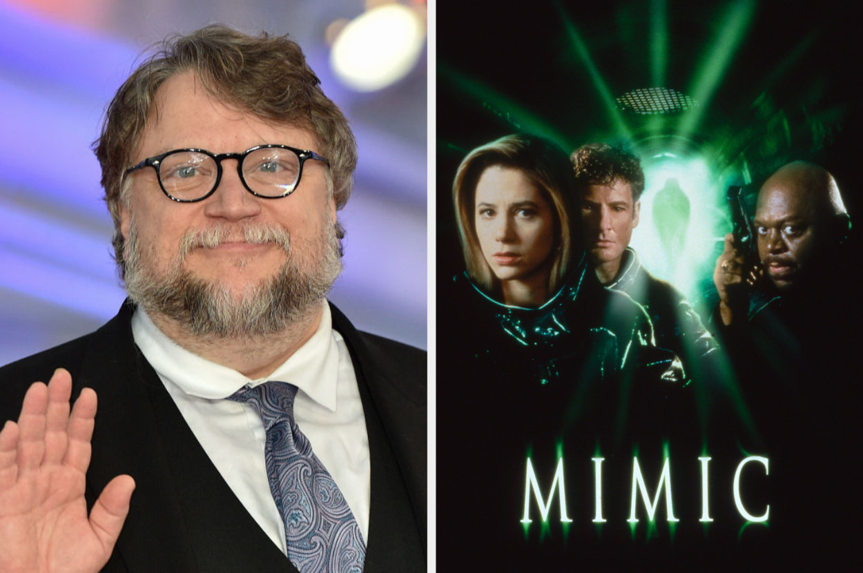 Guillermo Del Toro next to the movie poster art for &quot;Mimic&quot;
