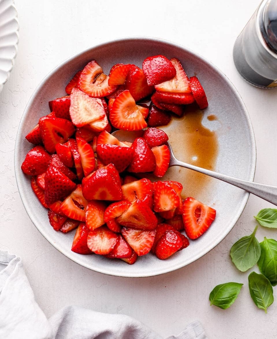 Balsamic strawberries in a serving bowl