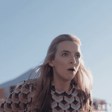 villanelle cheering, pumping her arm, and running off in &quot;killing eve&quot;